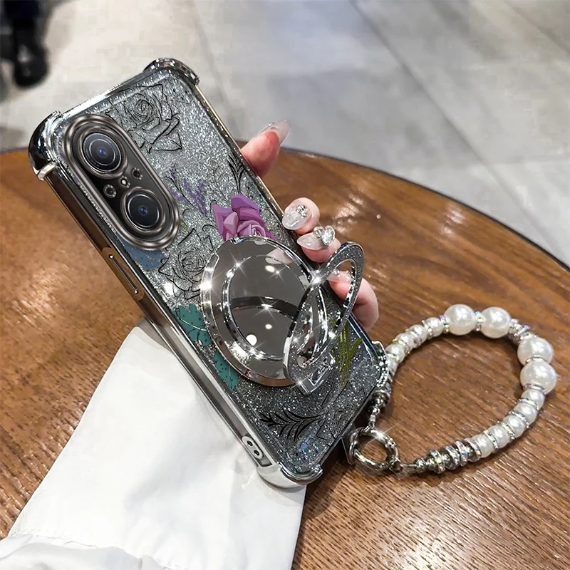

Nova 9SE Purple flowers Plating Bracelet Holder Phone Case For Huawei Nova 11Pro 13 40 12 Pura 70Pro 70 Mate 30 Magic 7 Cover