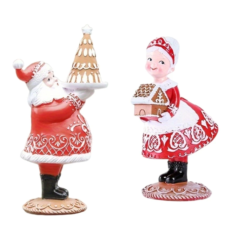 Resins Gingerbreads Santa Couple Figurines Vintage Christmas Statues Tabletop Decorative Ornament for Home and Office