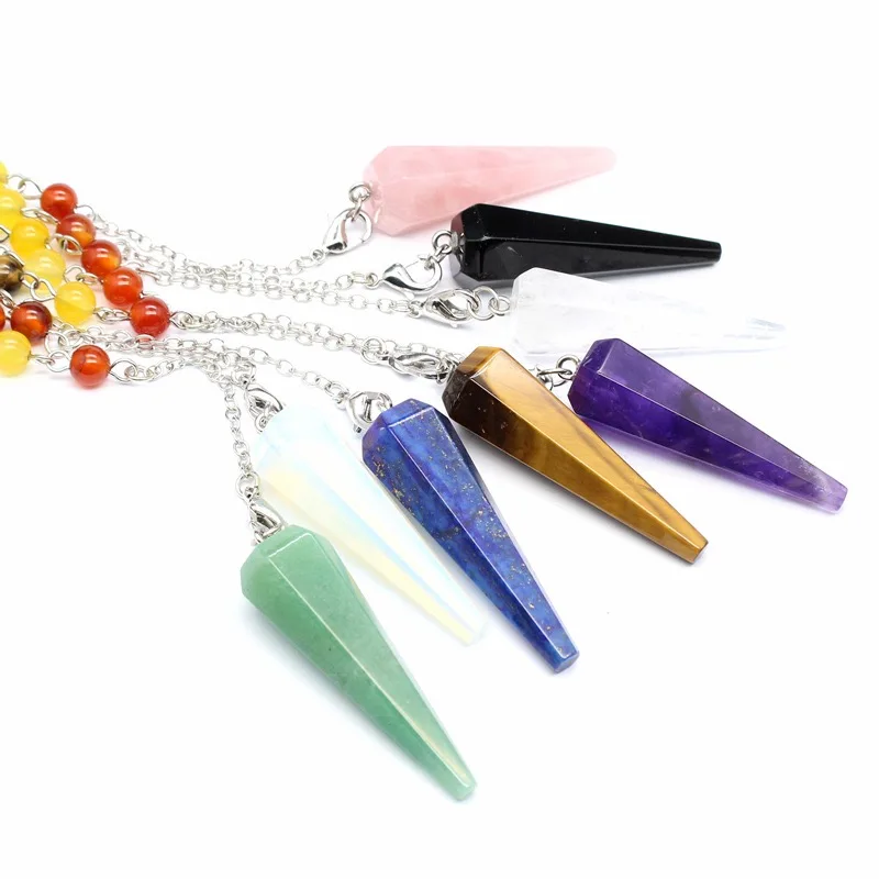 Natural Stone Crystal Pendulums Hexagonal 7 Chakra Pendant Pendulum for Dowsing Healing Triple Goddess Witch Pendulos X008