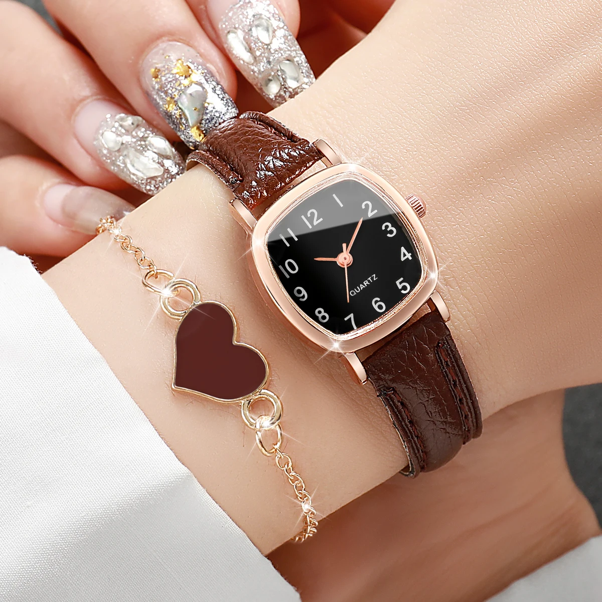 Women's Rose Gold Square Quartz Watch with Heart Bracelet Set Brown Leather Strap Black Dial Analog Wristwatch for Ladies