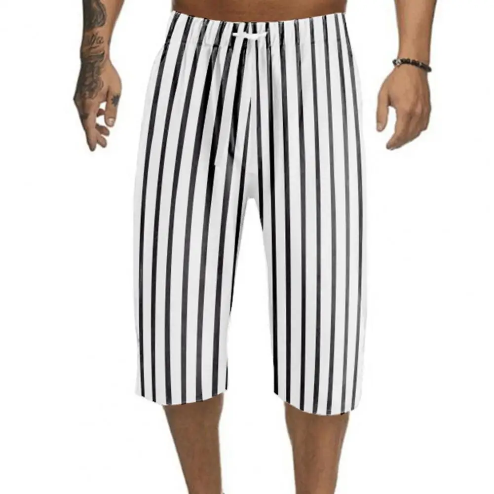 

Men Mid-rise Elastic Waistband Drawstring Cropped Pants Pockets Vertical Striped Print Thin Mid-calf Length Pants Daily Garment