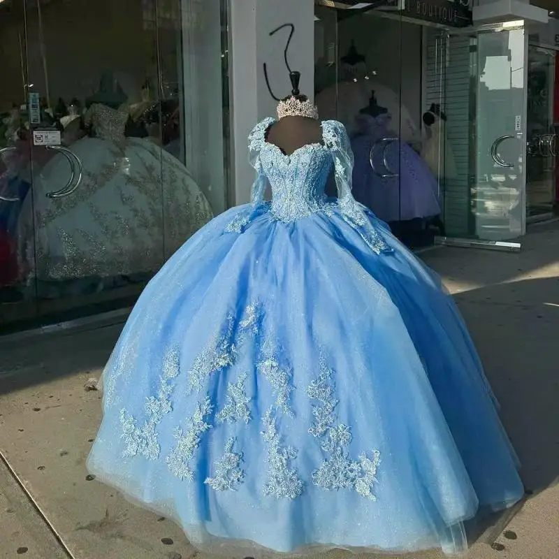 

Elegant Blue Quinceanera Dresses 2025 Long Sleeves Sweet 15 16 Birthday Party Gown Sweetheart Backless Mexican Dress Bow Formal