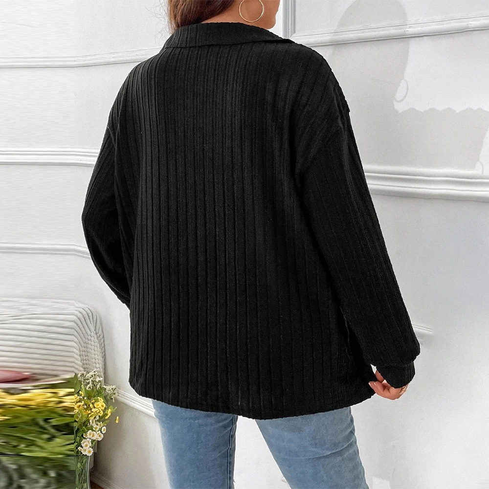 Women\'s Autumn Winter Solid V-Neck Ribbed Blouse Tunic Tops Ladies Casual Loose Pullover Clothing Plus Size