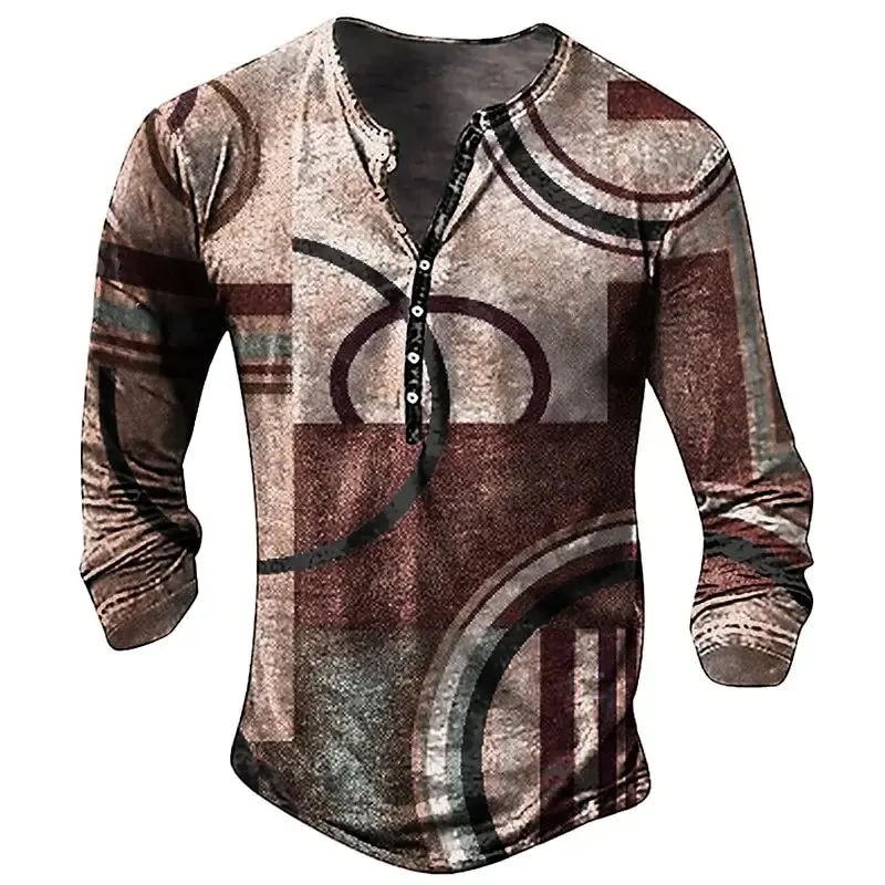 Vintage Men\'s T Shirt Textured Pattern T Shirt Patchwork 3D Printed Long Sleeve Shirt Hennessy Oversized Men\'s Fall Loose Top