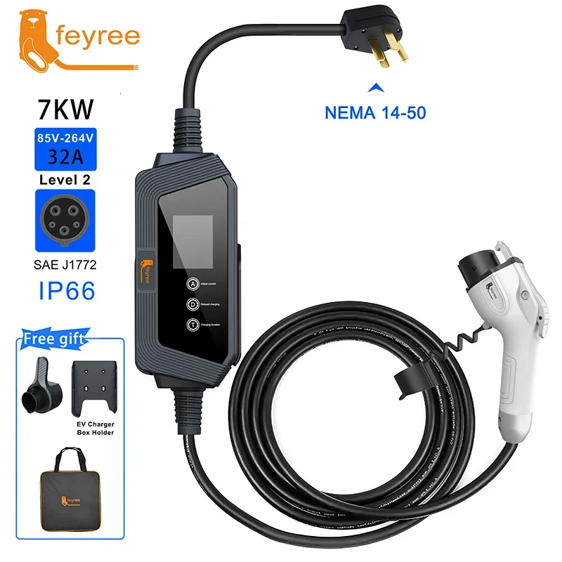 feyree Type1 Portable EV Charger 7KW 32A 1Phase with j1772 Connector Charging holder 5m Cable bag and Charging Box Holder