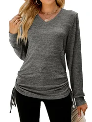 Women Long Sleeve V-neck Pleated Lightweight Sweatshirt  T-shirt Tops