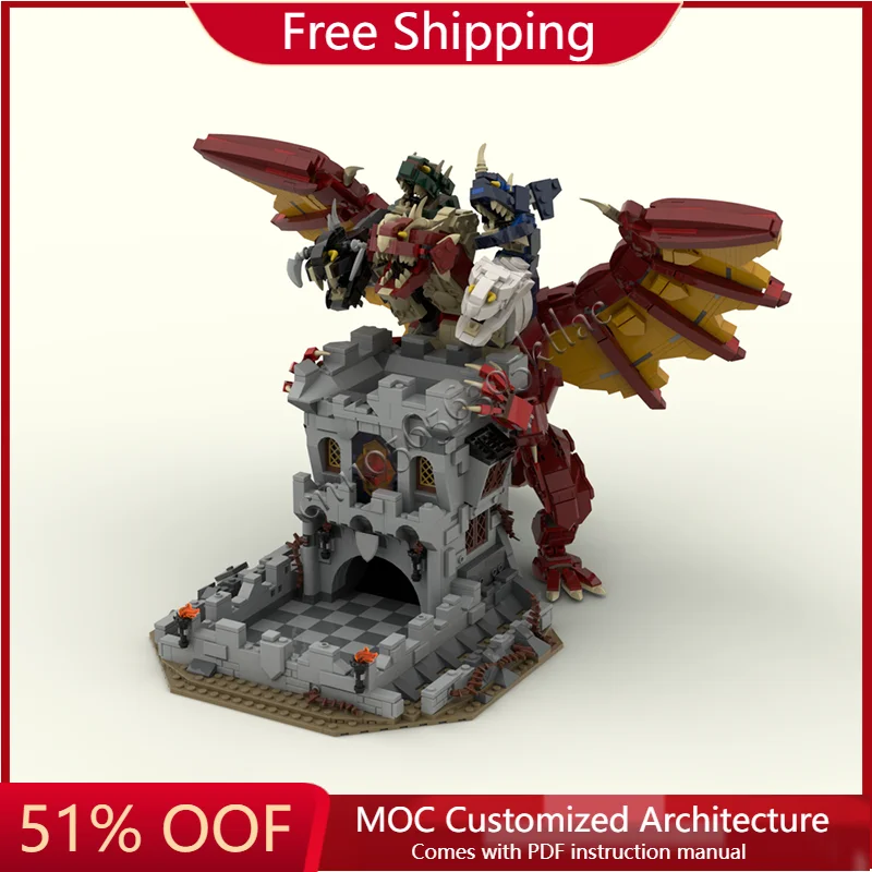 

2487 детали, мифический дракон, атакующий замок, модульная индивидуальная модель здания, фэнтезийная сцена, сборка, дисплей, игрушка, подарок на фестиваль