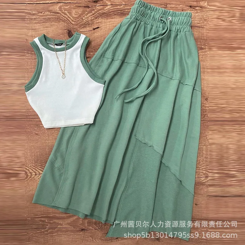 

Two Piece Sets Women Skirt Set Round Neck Sleeveless Vests Tops Long Skirts Pleated Dress Sets High Waist Casual Y2k Streetwear