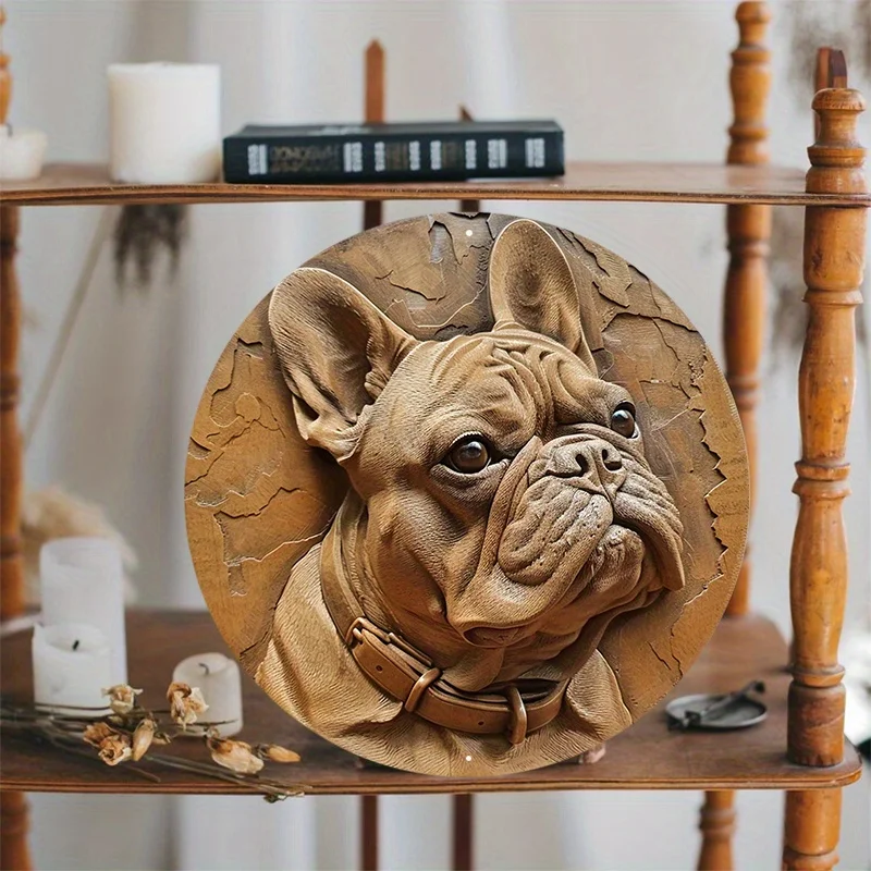 1pc 8x8inch Aluminum Metal Sign French Bulldog Dog Circular Mark Suitable for Living Room, Wall, Home Decoration, As Gifts