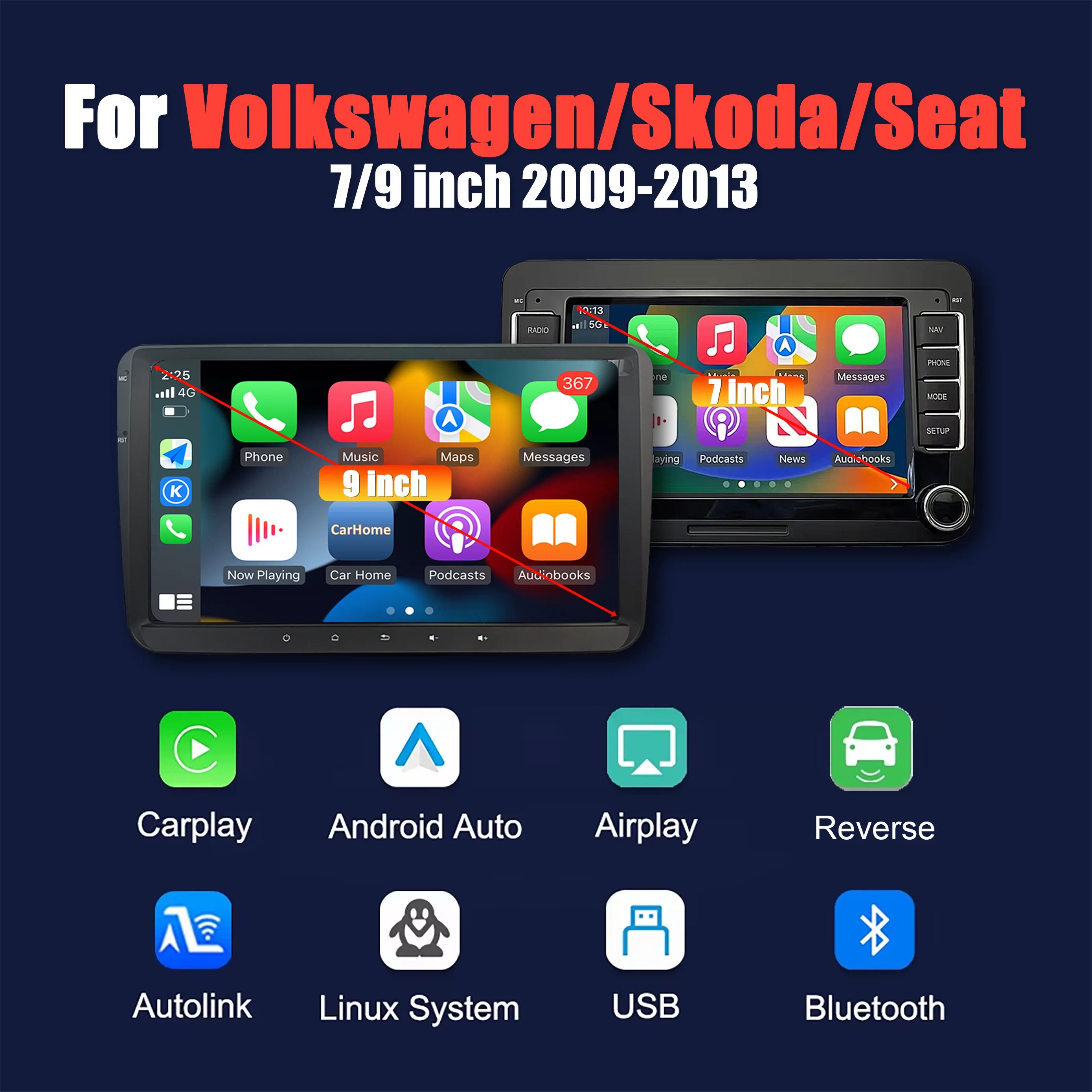 Compatible con Volkswagen VW Passat B6 B7 T5 Tiguan Touran Golf POLO, pantalla multimedia Linux de 7/9 pulgadas, CarPlay inalámbrico, Android Auto, Bluetooth, función de duplicación de pantalla, radio para automóvil.