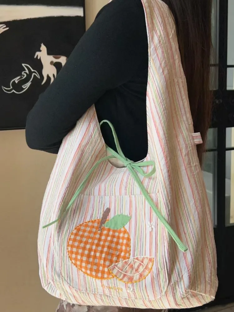 

2025 New Striped Commuter Shoulder Bag Large Capacity Canvas Girl Tote Bags
