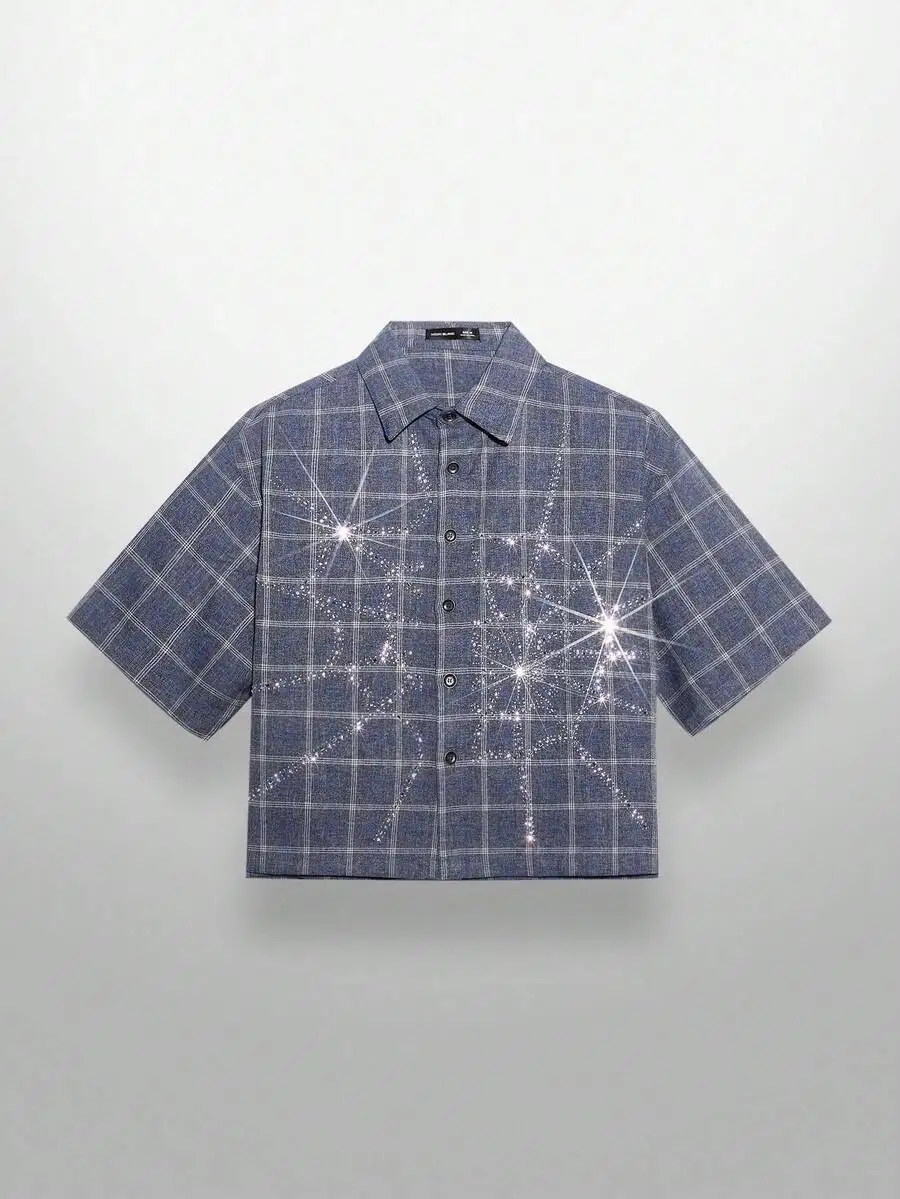 NEON BLANC Men's Street Fashion Woven Rhinestone Spider Web Plaid Short Sleeve Shirt, Halloween