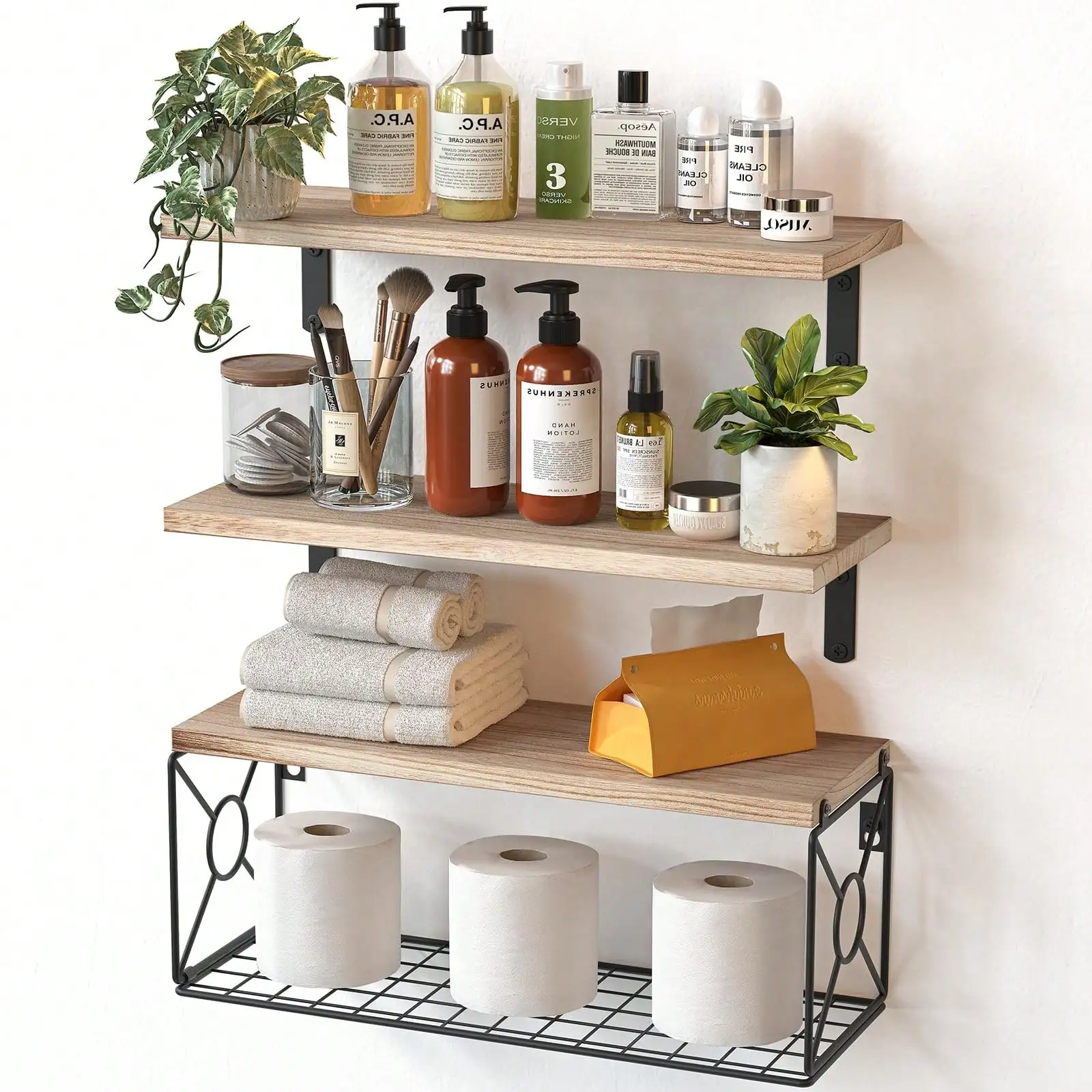 

Floating Shelves, Bathroom Shelves Over Toilet, Wall Mounted Floating Shelves With Wire Basket, Wooden, 3 Shelves, 16.5x6x5.5 In