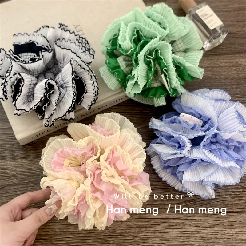 2024 Plaid Patchwork Chiffon Laced Double-layer Large Scrunchie Lolita Girls Korean Oversized Pleated Hair Ties Women Headdress