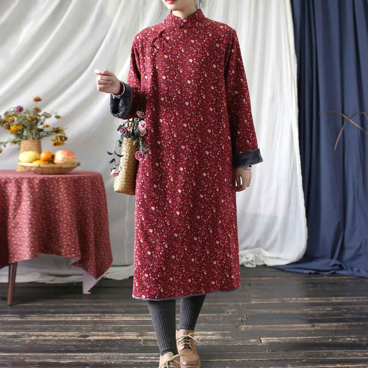 Women Country-style Floral Print Thicken Winter Long Sleeves Cheongsam Vintage Fleece Improved Dress Medium-length Chinese Qipao