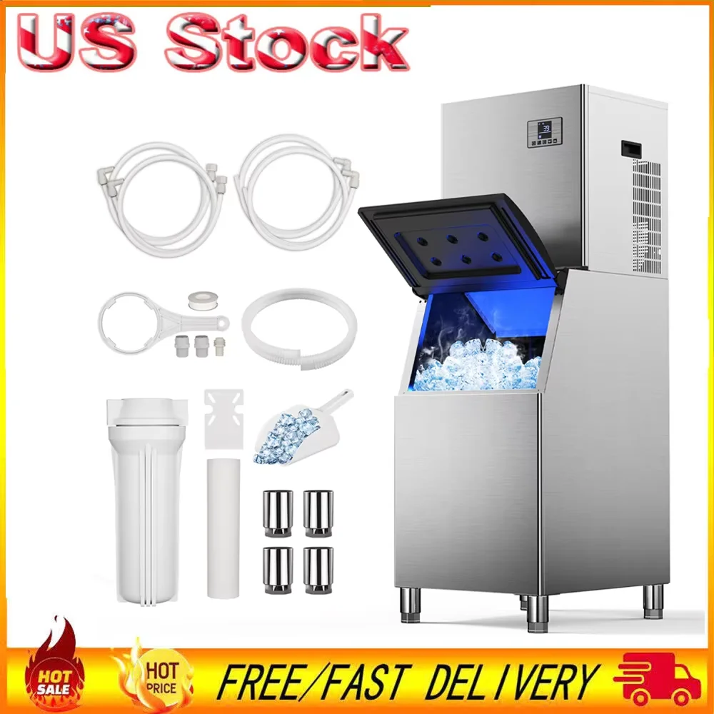 Commercial Ice Maker 500lb/24H Commercial Ice Machine with Large Storage Bin Industrial Ice Cube Machine for Bar Restaurant 110V