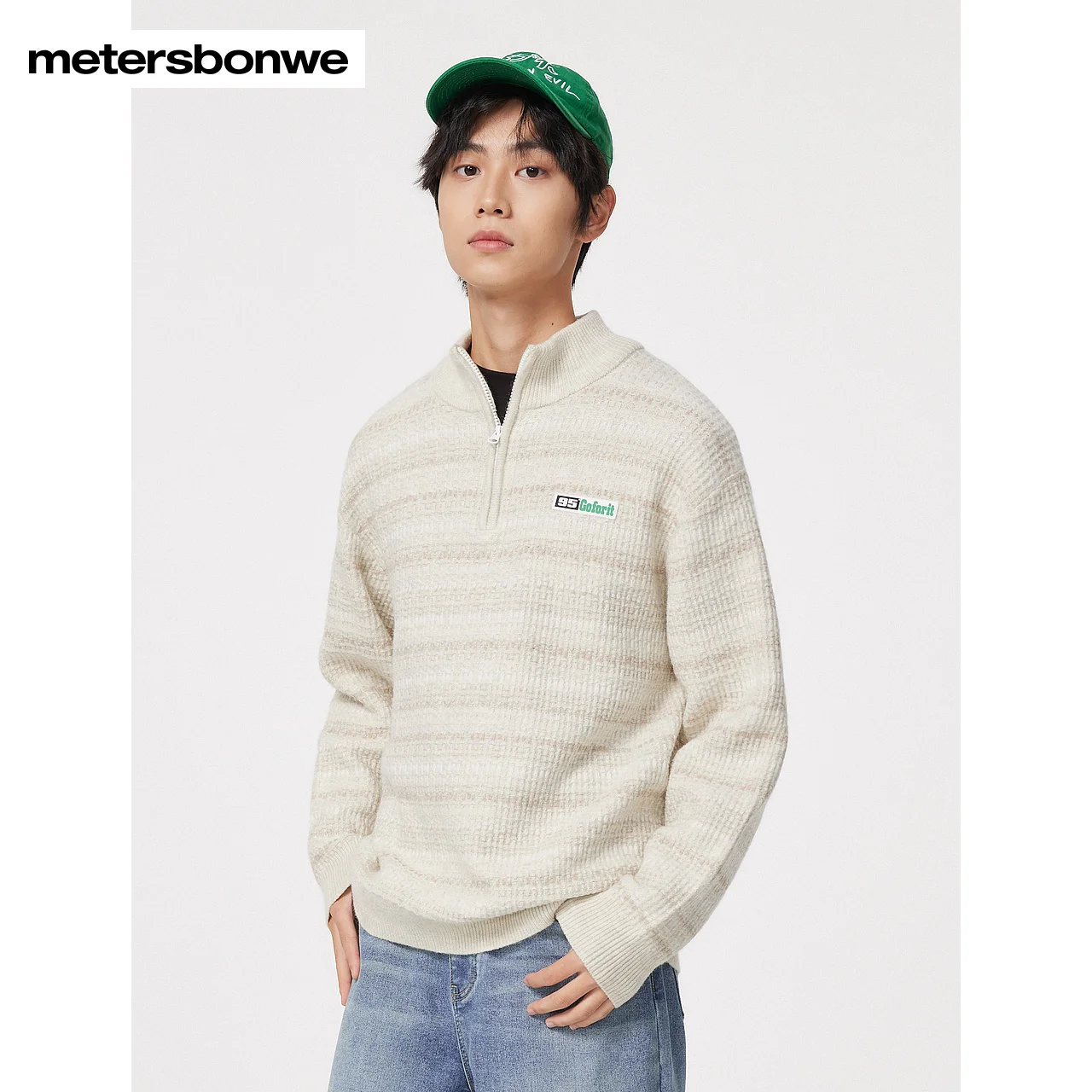 Metersbonwe-Men's Half Zipper Sweater Jumper  Long Sleeves Loose Basic Pullover Stylish Bussiness Casual Winter