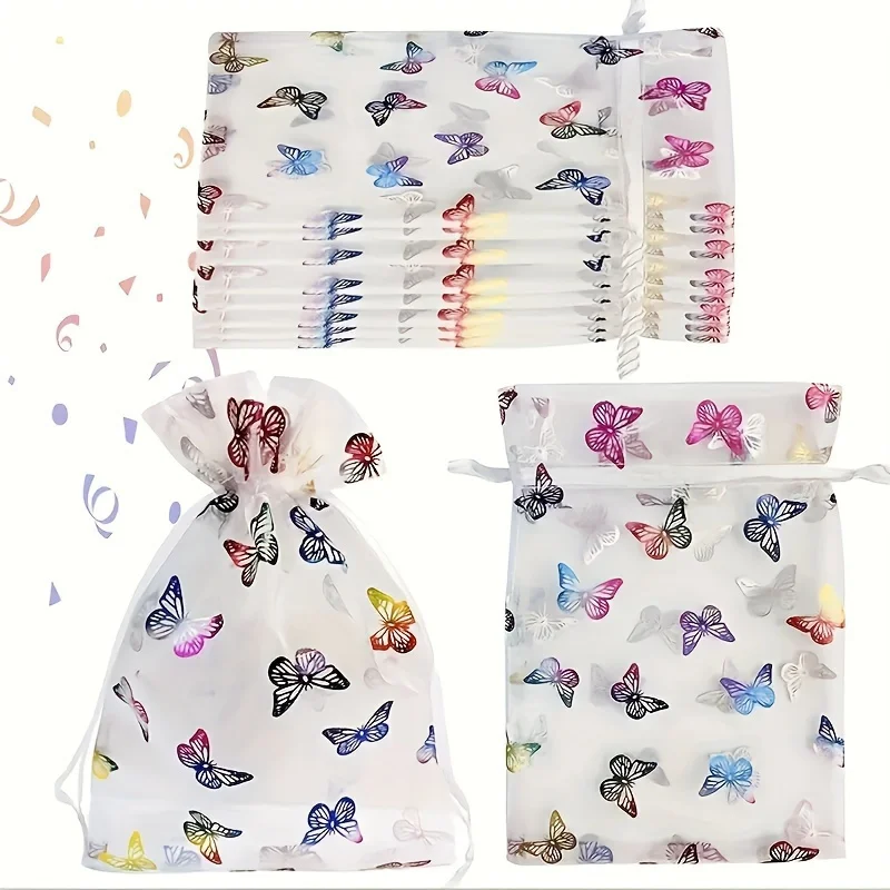 50pcs Colorful hot stamping butterfly gauze bag, jewelry gift candy storage double drawstring bag