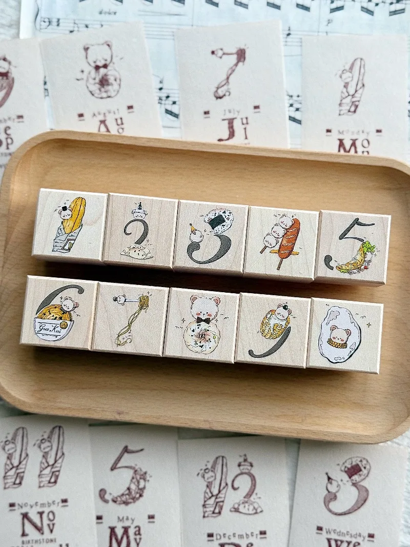 Lovely Delicious Food Numbers Bear Wooden Rubber Stamp Set DIY Scrapbooking Photo Album Card Making Wood Seal