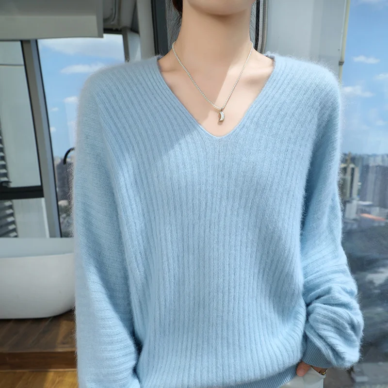 100% suéter de cachemira de visón, jersey tejido con cuello en V para mujer, nuevo artículo de otoño e invierno, tops gruesos, chaqueta holgada informal de talla grande