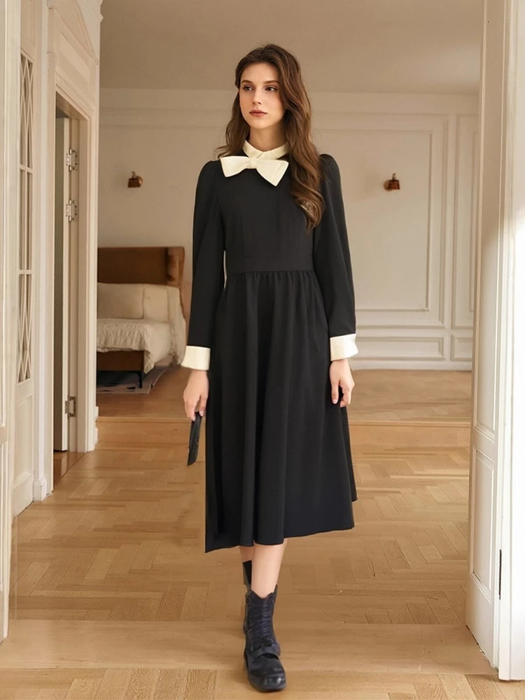 

OLrain Women's French Style Black Dress 2025 Autumn Bow Detail Patchwork X-shaped Elegant Fashion Office Lady Dress O56DL95383