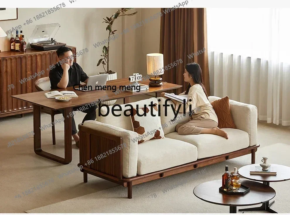 z183   North American black walnut sofa retro solid wood three-person living room sofa removable and washable fabric