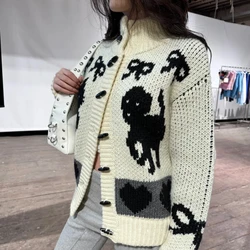 Chic Niche Design Retro 2024 Autumn  Winter Women's Turtleneck Print  Knit Cardigan Y2k Sweater Outfit