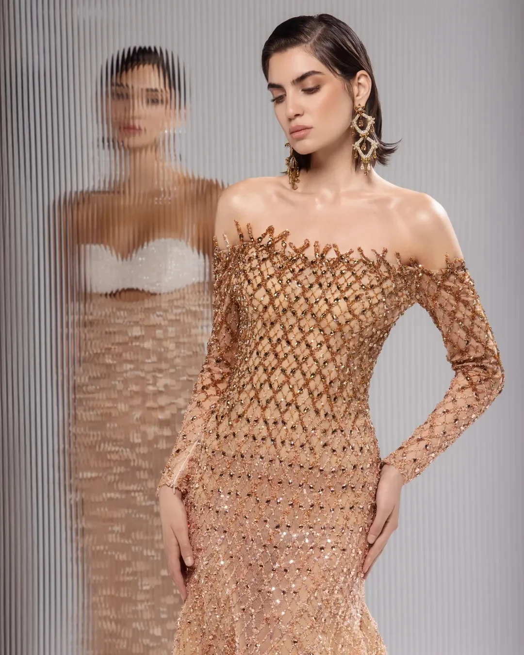 

New Design Luxury Off The Shoulder Glittering Evening Dress Sequins Crystal Beading Mermaid Dress With Ruffles