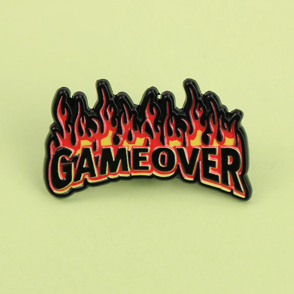 Cartoon Flame Letters GAME OVER Enamel Metal Funny Lapel Pins Brooches Badges Clothing Accessories Jewelry Gift for Kids Friends