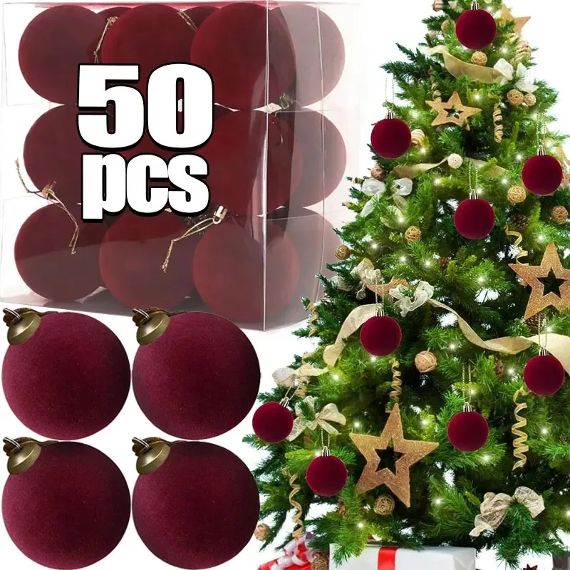 Velvet Christmas Tree Balls Plastic Shatterproof Christmas Flocked Ornaments Ball Xmas Tree Pendant Holiday Party Decorations