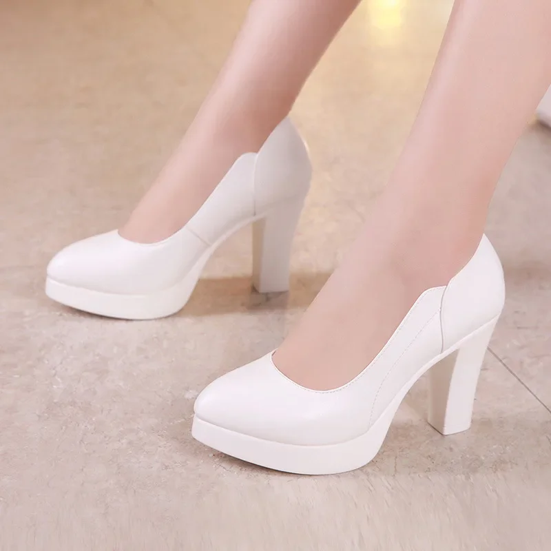 5cm 8cm Small Size 32-43 White Wedding Shoes Women Pumps 2024 Shallow Block High Heels Shoes Soft Leather Office Mom Model Court