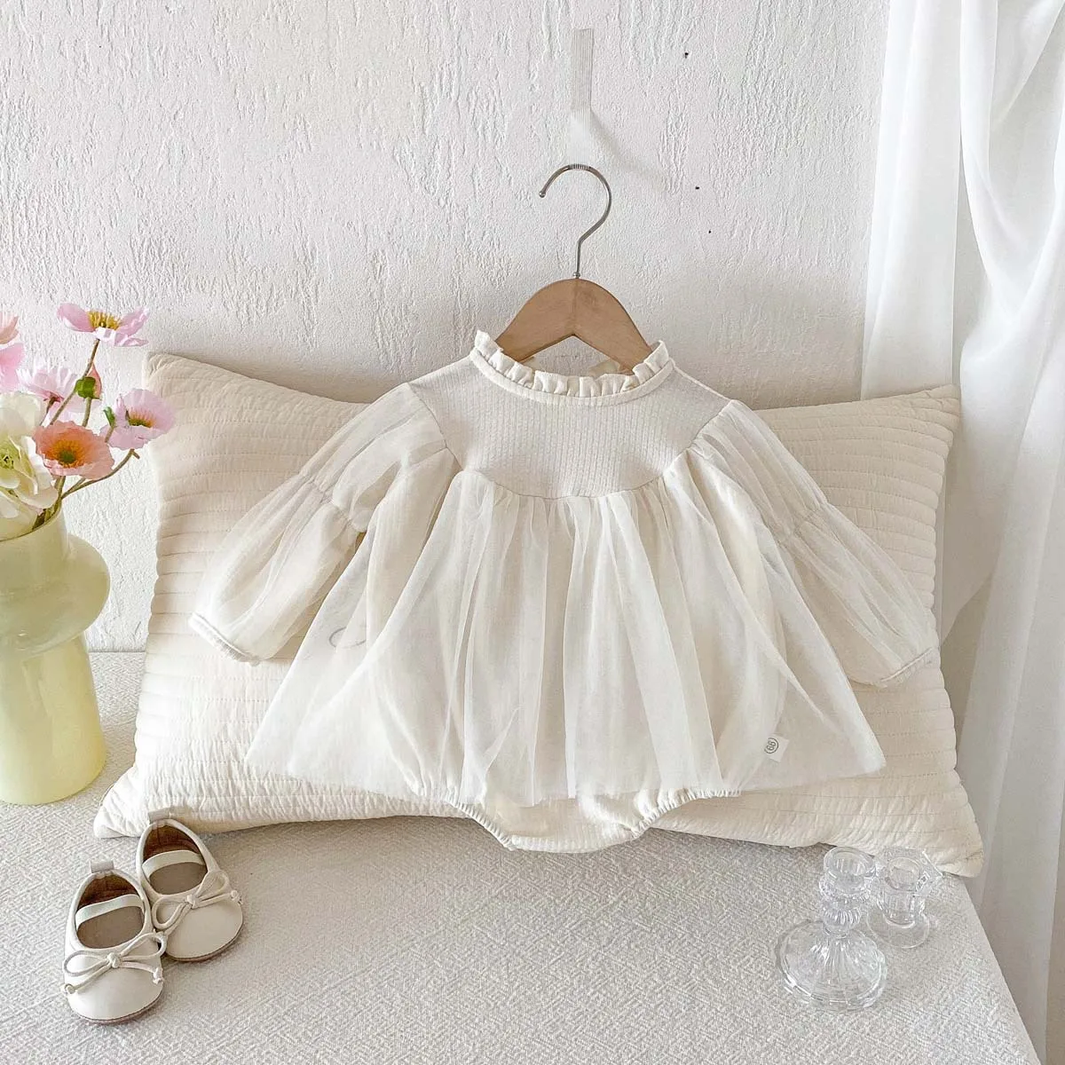 

Baby Girl Autumn New Style with Fungus Edge, Half High Collar, Bag Fart Clothes, Baby Jumpsuit Sweet Mesh Clothes Romper Skirts