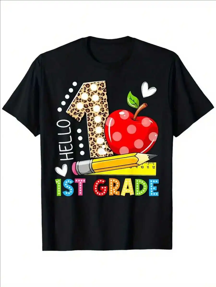 Boys Girls First Day Of School Hello 1St Grade T-Shirt, Casual Comfortable Top Streetwear Fashion Casual Summer Tee, Short Sleev