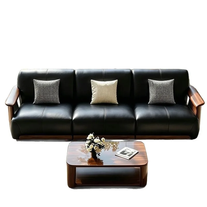 All solid wood sofa combination modern light luxury living room large household straight sofa
