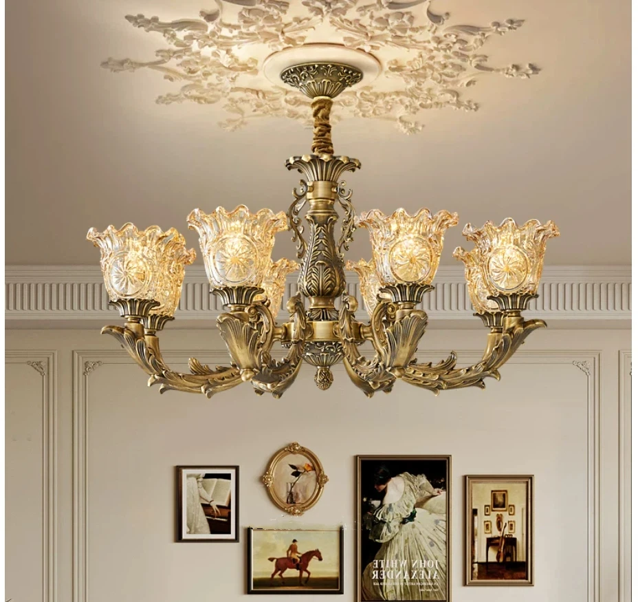 French Style Brass Chandelier, D74cm H41cm 6Lights E14 Candle Style Luxury Vintage Copper Lighting for Villa Home Decoration