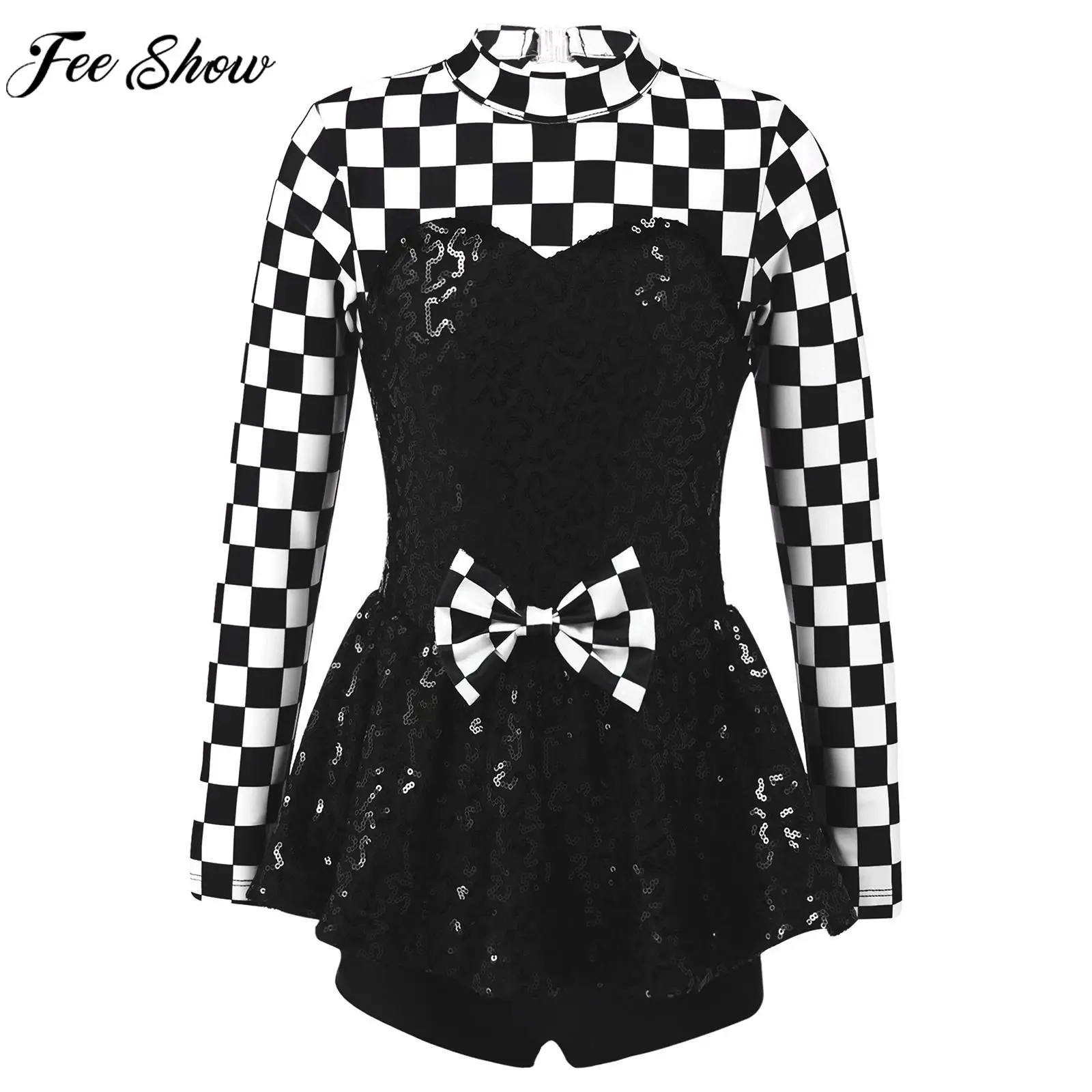 

Girls Halloween Racer Cosplay Costume Long Sleeve Sequin Checkerboard Print Bowknot Bodysuit Theme Party Performance Clothes