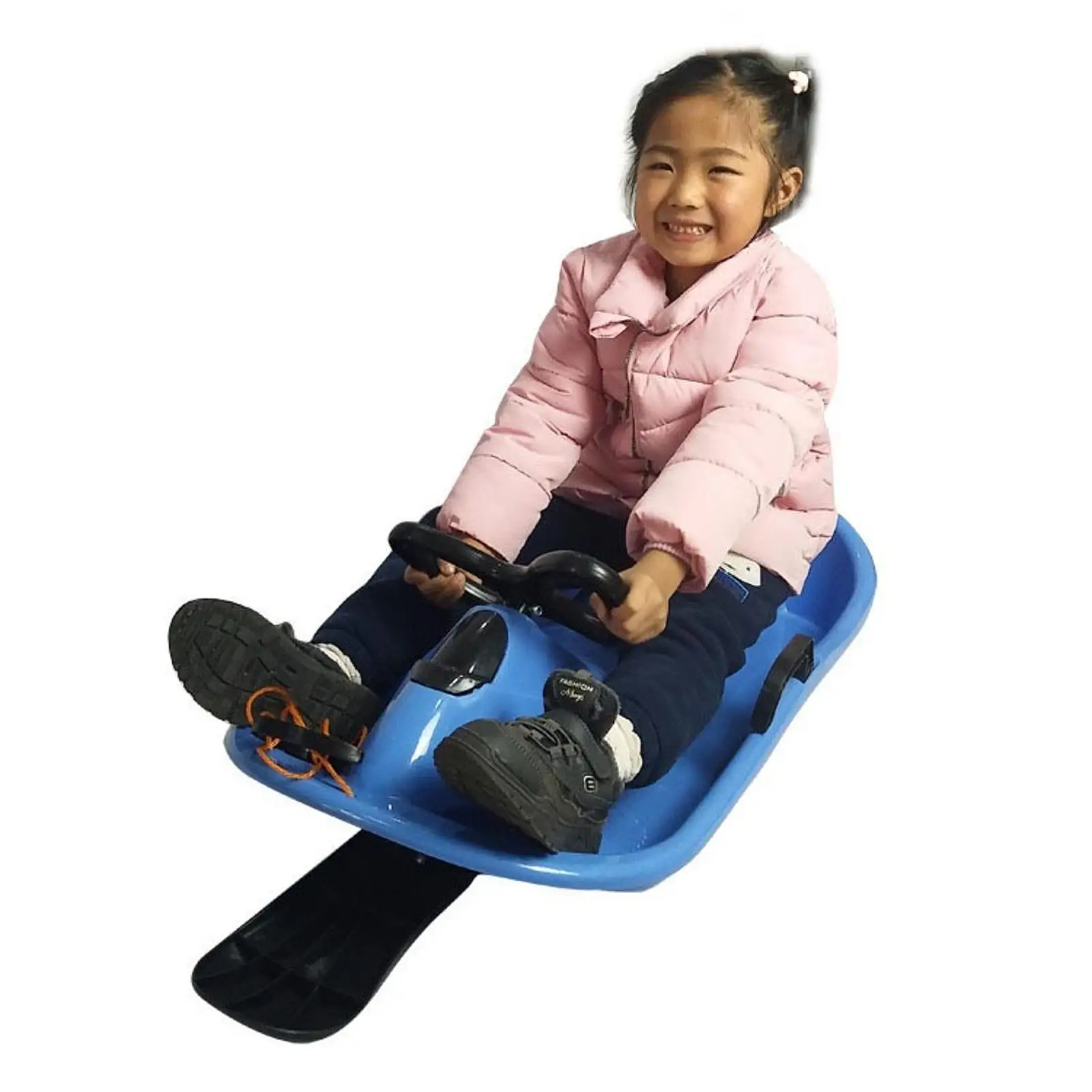 Plastic Non-slip Kids Snow Sled with Steering Wheel and Brake Toboggan Thicker Snow Equipment for Child Boys Girls Winter Sport