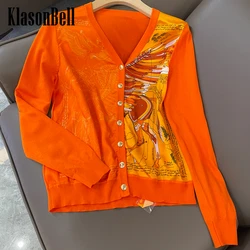 3.8 KlasonBell Women Clothes Fashion New 100% Silk Print Spliced Wool Knit V-Neck Fit Cardigan Coat