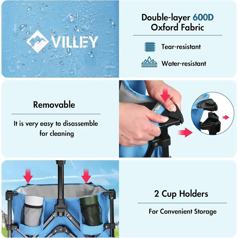 Robuster, zusammenklappbarer 220-Liter-Utility-Wagen mit All-Terrain-Rädern, 330 Pfund Tragkraft, Blau, für den Strand- und Gartengebrauch