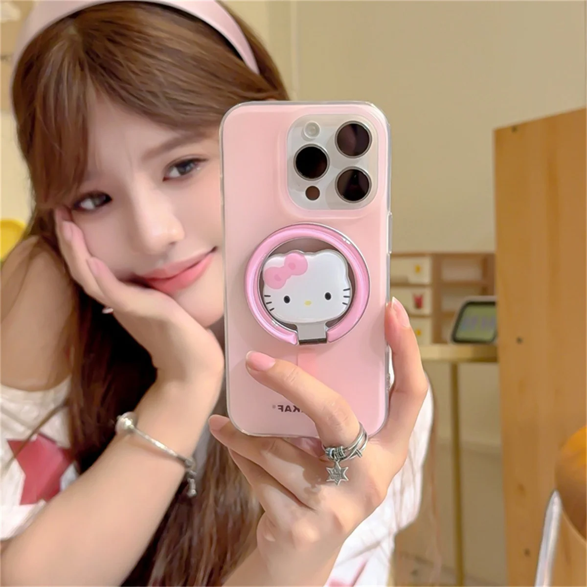 

Simple Solid Color Magnetic Phone Case For iPhone 16 Pro 15 13 14 Pro Max Back Cover with Hello Kitty Stand Holder Cases Funda