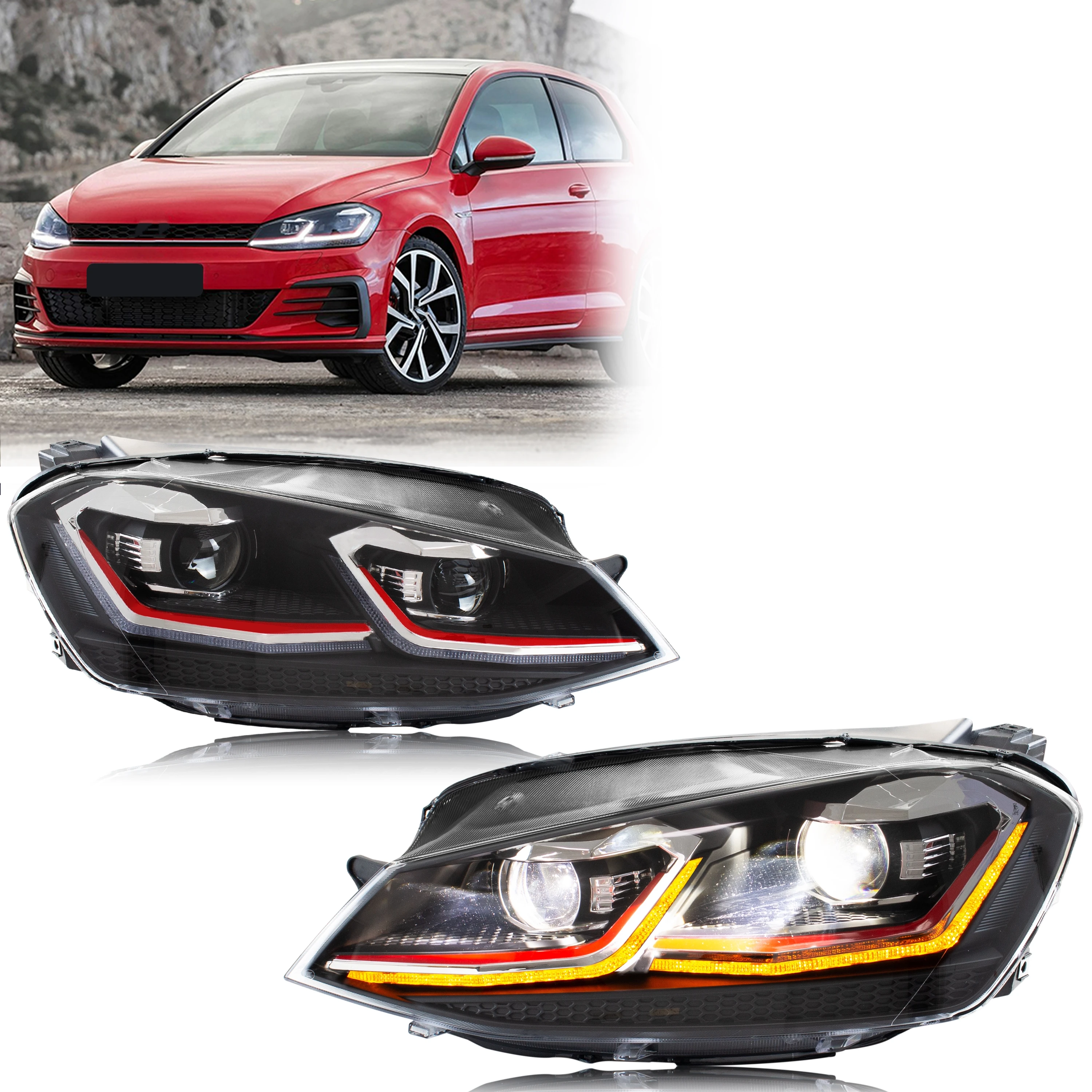 

LED Headlights for VW Golf 7 MK7 VII 2013-2017 TDI TSI DRL Projector Red Stripe Front Lamps Assembly [Not Fit GTI/R/GTD]