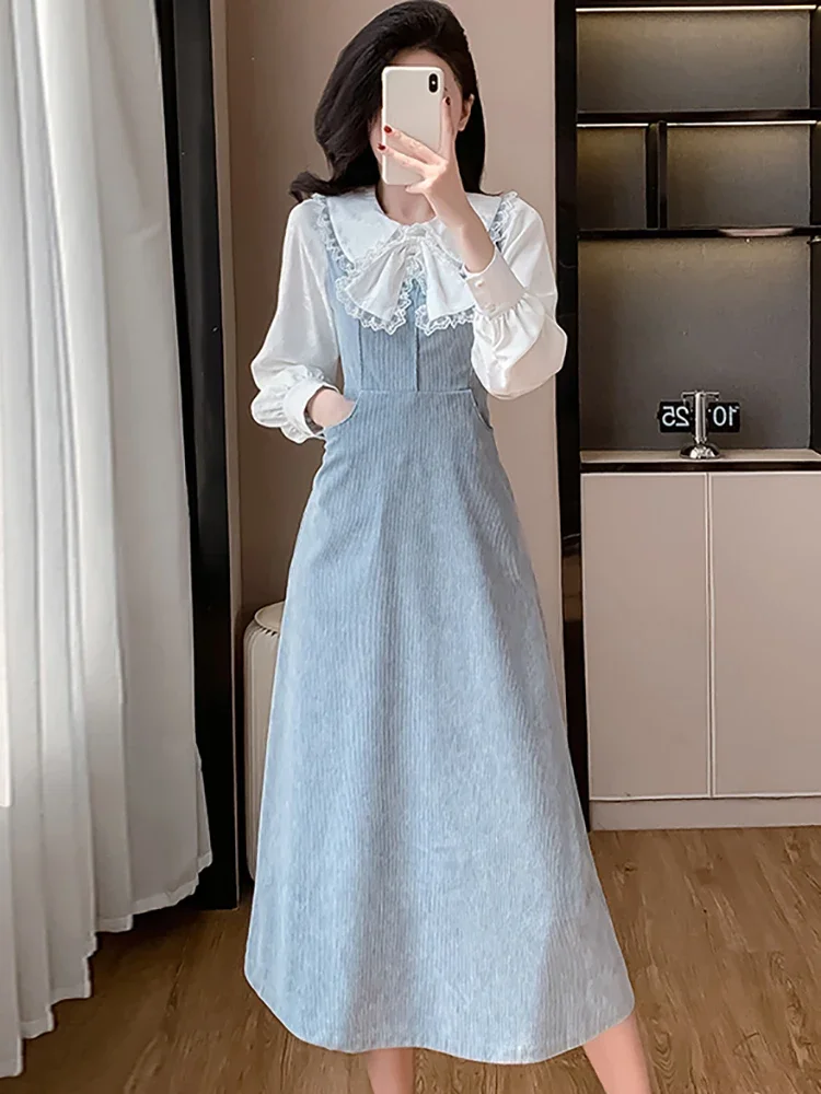 Automne hiver blanc Chic nœud dentelle poupée col t-shirts + bleu velours côtelé sangle robe deux pièces ensembles 2025 femmes coréen robe costumes