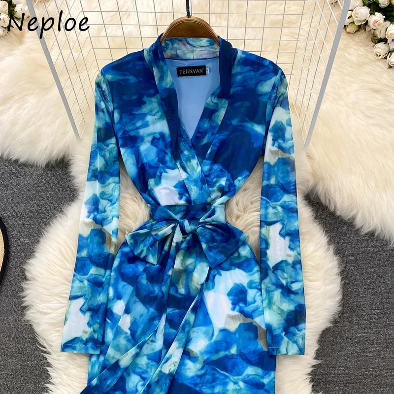 Neploe Spring 2024 New Long Sleeve Dress for Women V-neck Printed Vestido De Mujer Bow Bandage High Waist Ladies Dresses Female