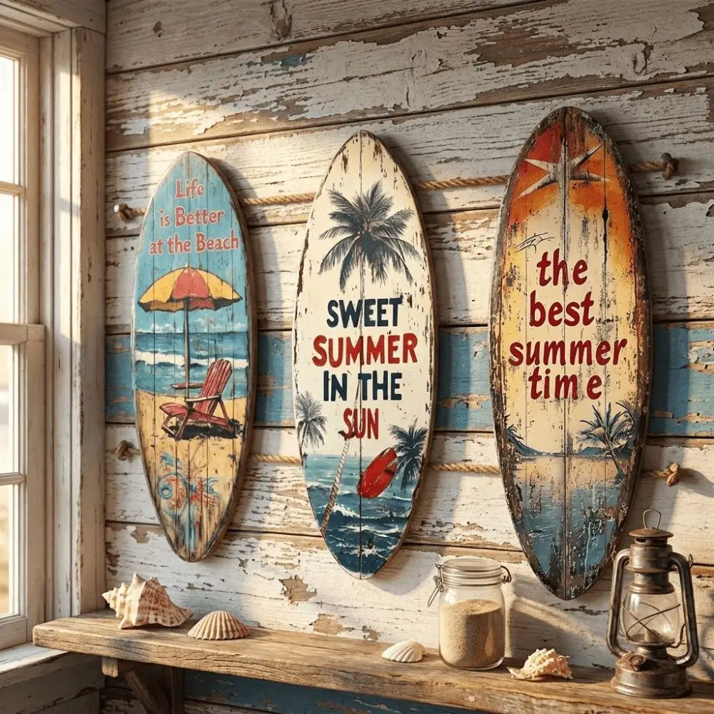 

Summer Wooden Surfboards Wall Decor Beach Themed Palm Tree Surfboard Wall Hanging Umbrella Decorative Beach Decor Wall Art