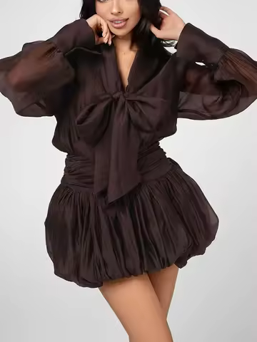 Autumn Dress with Tie Bow Long Sleeve Elegant Evening Dress Woman Female Clothing A Line Short Chic Dresses Slimming