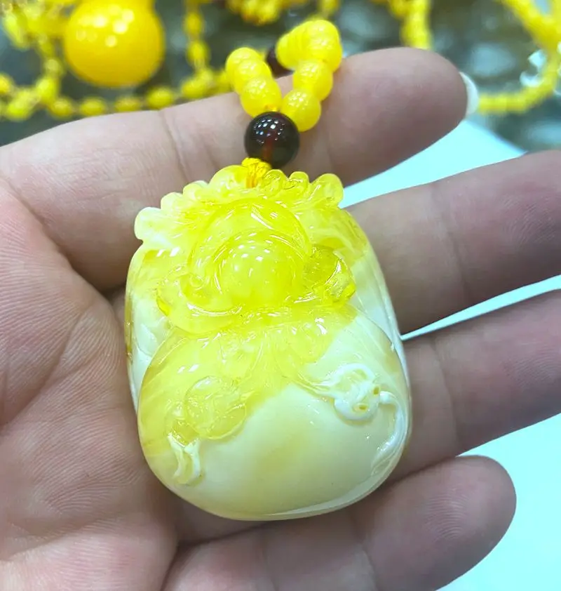 Natural 6mm Mexican Amber Beeswax + 37*46*22mm Amber Lucky Bag Pendant Necklace+ 100% Certificate