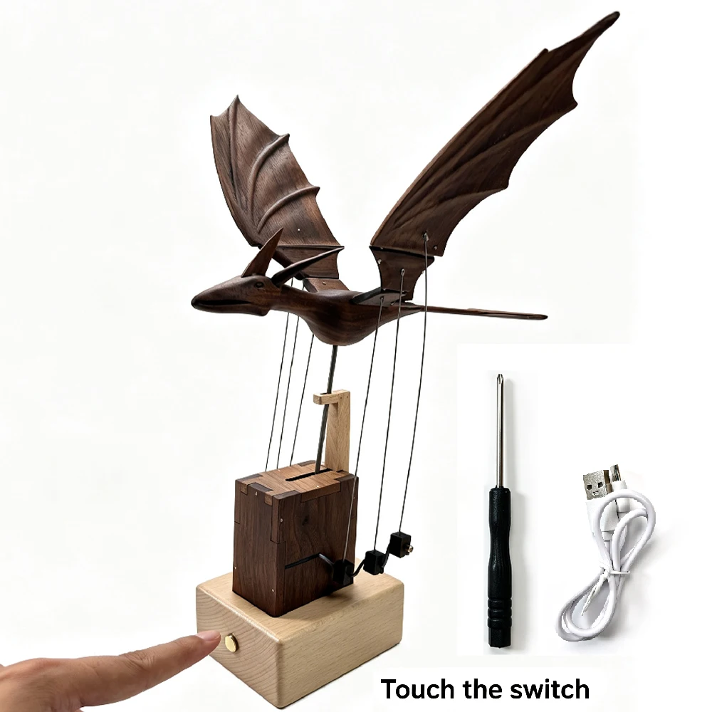 Handcrafted Wooden Dragon Kinetic Sculpture,Mechanical Fire Effect & Flapping Wings,Natural Walnut Desk Art Gift for Collectors
