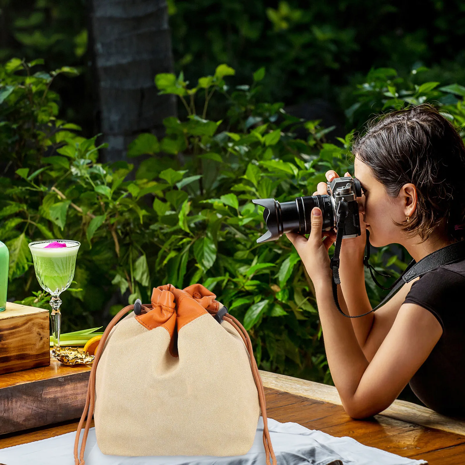 Travel Camera Bag Canvas Material Compact Lightweight Carry Case for Camera Accessories Drawstring Opening Perfect Gift for Her