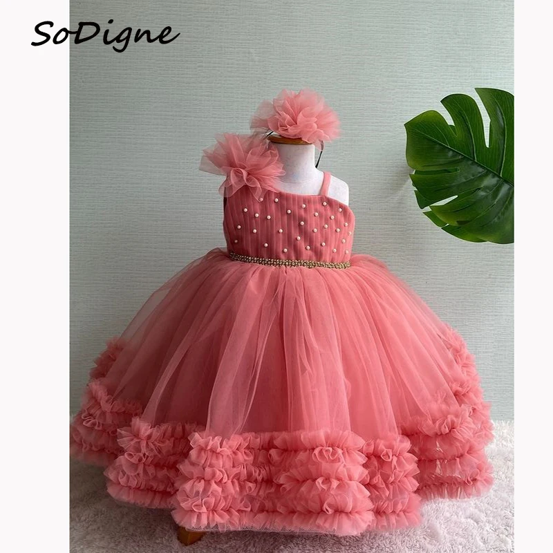 SoDigne A-line Tulle Flower Girl Gowns Sleeveless Beading Short 2025 Long Girl Birthday Party Dresses Customized