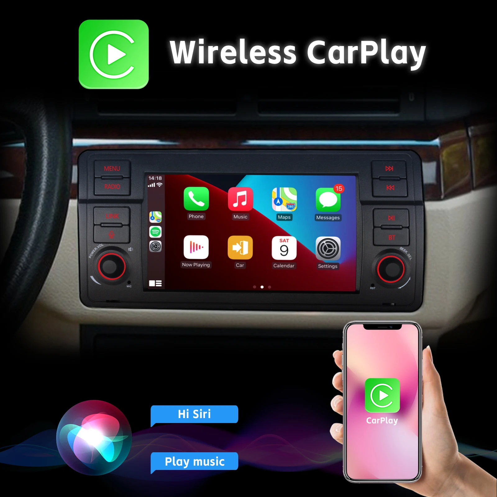 Car Radio with Wireless Carplay Android Auto for BMW E46 3 series 1999-2004 with DAB+ AHD Rear View Camera 7